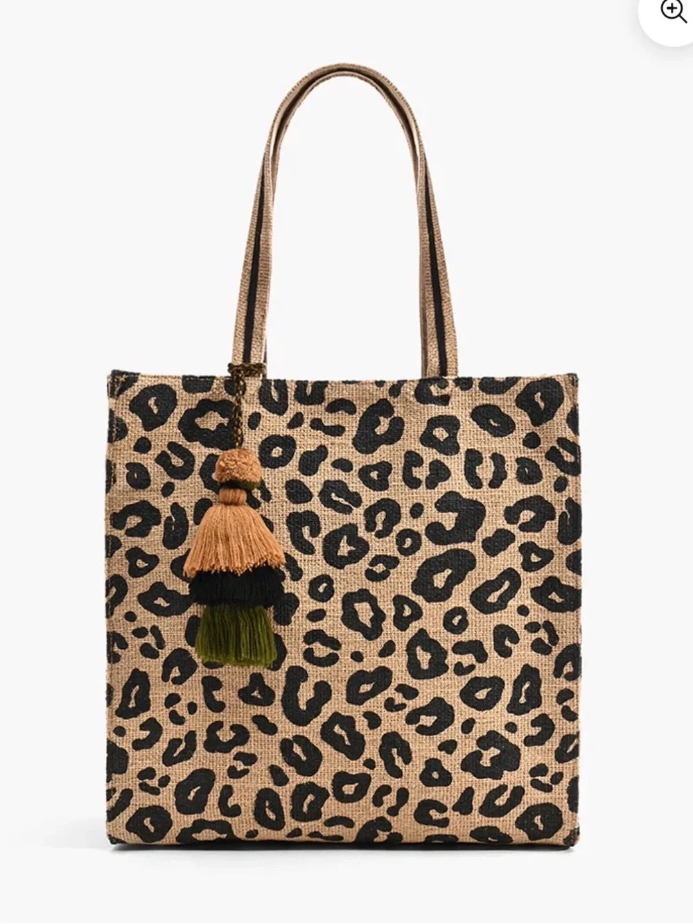 America & Beyond Leopard Print Tote Bag in Tan and Black